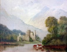 Pair oils on board Ruined castle beside river with cattle and figures in the background,