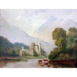 Pair oils on board Ruined castle beside river with cattle and figures in the background,