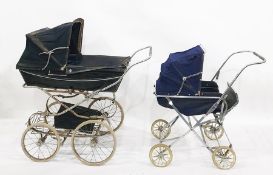 Silver cross vintage pram, a small vintage carry cot on wheels and a boxed Moorlands pram canopy (3)