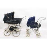 Silver cross vintage pram, a small vintage carry cot on wheels and a boxed Moorlands pram canopy (3)