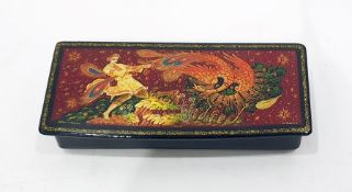 Rectangular Russian lacquer box painted in tempera, decorated with firebird by the Kholui School,