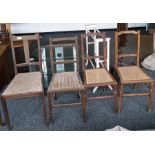 Four cane-seated dining chairs, a white painted towel rack and a 20th century three-tier glass