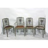 Set of eight painted dining chairs (6+2) with painted vase splatbacks, caned seats, on square