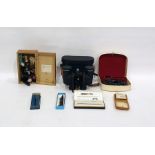 Pair of Asahi Pentax 8x40 wide field binoculars, an Earth microscope, a travel iron in case, a