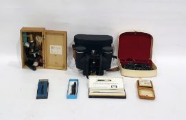 Pair of Asahi Pentax 8x40 wide field binoculars, an Earth microscope, a travel iron in case, a