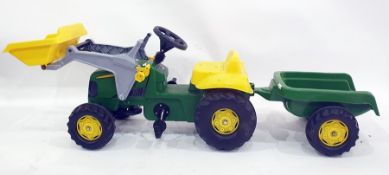 John Deere plastic toy tractor with digger attachment and trailer