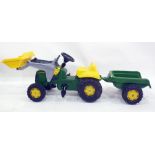 John Deere plastic toy tractor with digger attachment and trailer