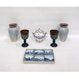 Pair of Prinknash pottery vases on blue ground with cream decoration, a china sucriere and cover,