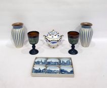 Pair of Prinknash pottery vases on blue ground with cream decoration, a china sucriere and cover,