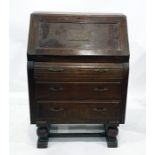 Early 20th century oak bureau of three drawers, 75cm