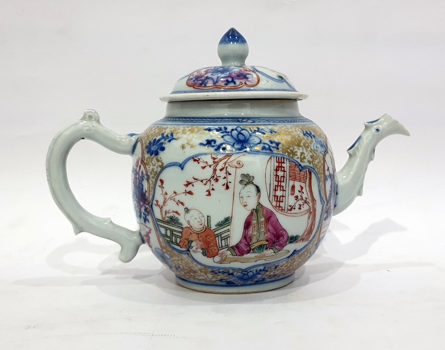 18th century Chinese export porcelain teapot, the bulbous body decorated with panels of figures, - Image 2 of 6