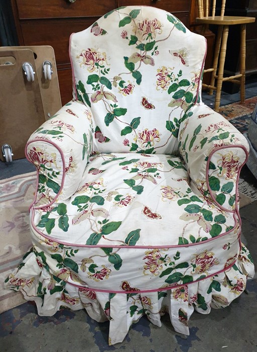 19th century salon type armchair raised upon finely turned and ring front legs, terminating to brown
