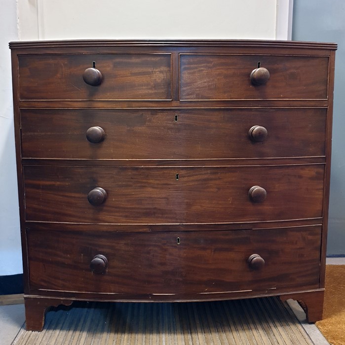 19th century mahogany bowfront chest of two short over three long graduated drawers, to bracket