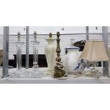 Pair of acrylic square column table lamps, a brass rococo style table lamp, a small glass and chrome