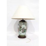 Chinese porcelain ovoid-shaped vase converted to lamp, famille verte ground enamel decoration