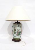 Chinese porcelain ovoid-shaped vase converted to lamp, famille verte ground enamel decoration