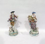 Pair of 19th century figures in the manner of Meissen, lady and gentleman with enamel painted