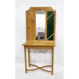 Modern ash hallstand, the mirror back with hanging pegs and notice board, the octagonal legs