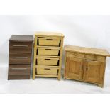 Low pine cupboard with two drawers above two cupboard doors enclosing shelves, to bracket feet, a