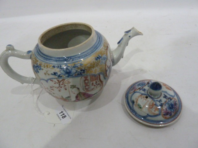 18th century Chinese export porcelain teapot, the bulbous body decorated with panels of figures, - Image 3 of 6