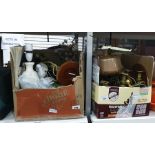 Assorted brass and copperware including candlesticks, saucepan, jelly mould, table lamp, assorted
