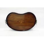 19th century kidney-shaped mahogany and inlaid tray with brass handles, and two brass button