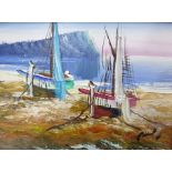 20th century school Oil on board Two beached fishing boats After Tony Black Colour print  Harbour