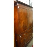 19th century mahogany converted linen press, the moulded pediment above two doors, two short and one