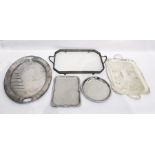 Quantity of silver plated and chrome trays including shaped rectangular two-handled tray with