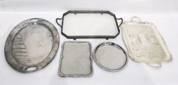 Quantity of silver plated and chrome trays including shaped rectangular two-handled tray with