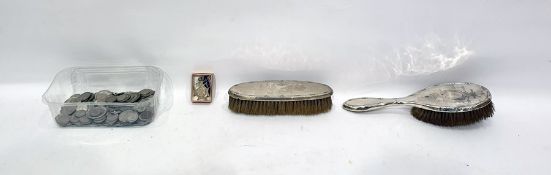 Silver-backed hairbrush and matching clothes brush and a quantity of pre and post decimal silver