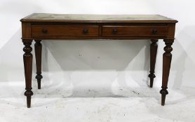 19th century mahogany desk with green leather inset top, above two drawers, on turned supports,