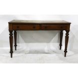 19th century mahogany desk with green leather inset top, above two drawers, on turned supports,