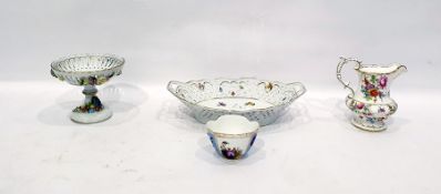 Quantity of decorative German porcelain, flower printed, to include pierced basket, pedestal