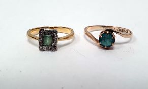 18ct gold, green stone and diamond dress ring set central rectangular green stone surrounded by