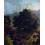 Oil on canvas  Woodland scene with deer in the foreground, mountains in the background, indistinctly