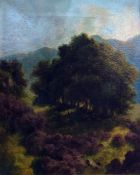 Oil on canvas  Woodland scene with deer in the foreground, mountains in the background, indistinctly