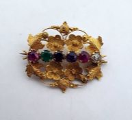 19th century gold-coloured flowerhead-pattern ‘Regard’ brooch set six variously coloured stones in a