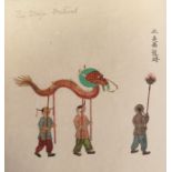 Circa 1930 Chinese watercolours on rice paper featuring different scenes including the "Dragon