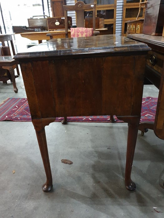 Possibly 18th century oyster walnut lowboy with moulded edge above one long and three short drawers, - Image 4 of 12