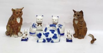 Quantity of cat ornaments to include pair of small Staffordshire-style pottery cats, further pair