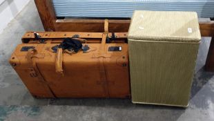 Two brown leather suitcases and a Lloyd Loom style linen basket (3)