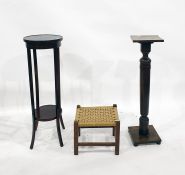 String-seated oak-framed stool, a two-tier jardiniere stand and a mahogany aspidistra stand on