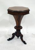 19th century rosewood octagonal-top sewing table, the moulded edge above the lift top enclosing