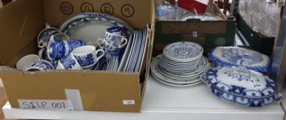 Assorted blue and white china including Willow pattern plates, mugs,  two meat plates, two Edwardian