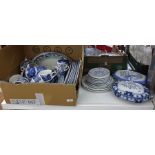 Assorted blue and white china including Willow pattern plates, mugs,  two meat plates, two Edwardian