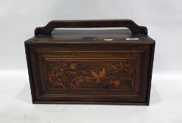Eastern hardwood box with carrying handles and brass corner brackets, the front panel with birds