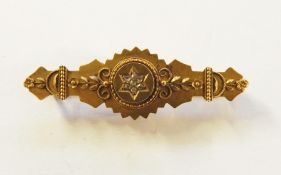 15ct gold and diamond bar brooch, scroll wire applied to the matt ground, set with small old cut