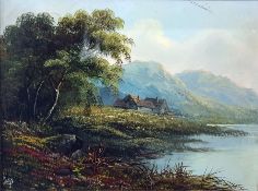 Oil on board of lake scene with cottage in background
