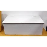 Painted box with hinged sloping top enclosing three compartments, width 73cms